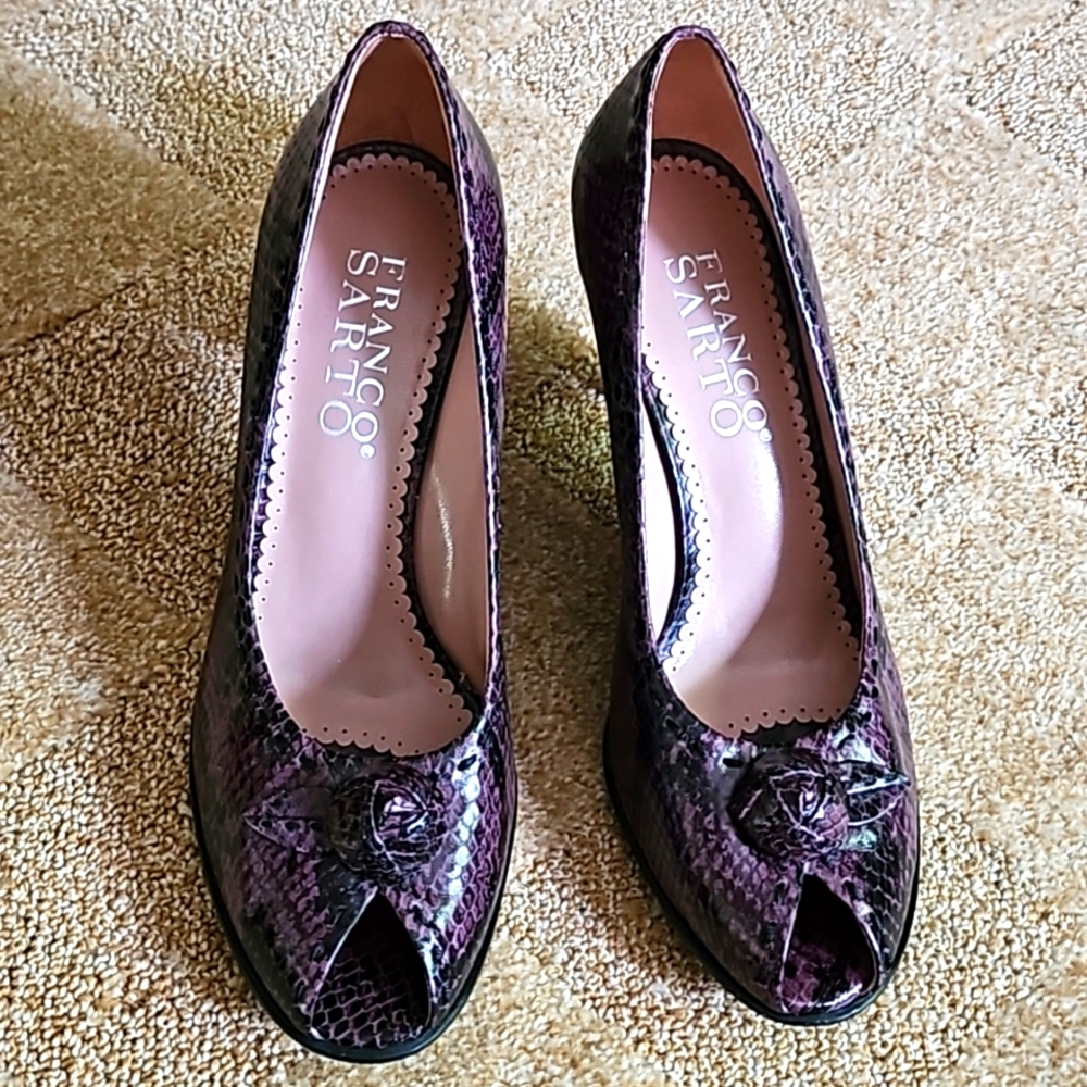 FRANCO SARTO    Black & Purple Peep Toe  Leather Heels - Size 8